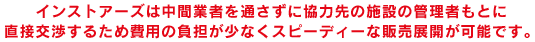インストアーズは中間業者を通さずに協力先の施設の管理者もとに直接交渉するため費用の負担が少なくスピーディーな販売展開が可能です。